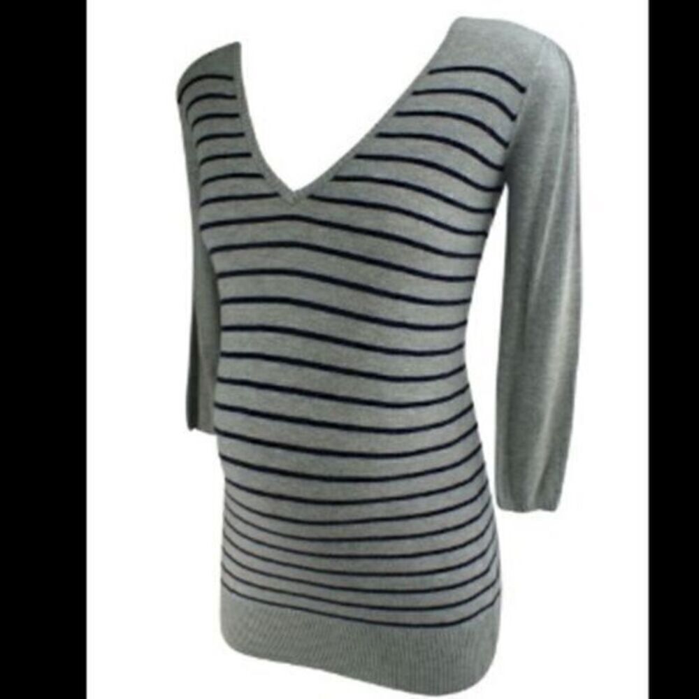 Rosie Pope Maternity Sweater Gray Black Striped V Neck Small